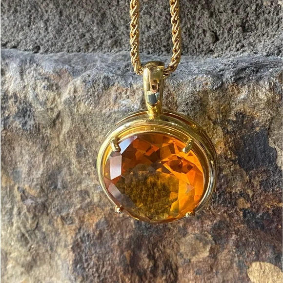 JOAN RIVERS Topaz AMBER COLOR Glass Pendant Gold Tone Chunky Chain Necklace - Picture 7 of 8